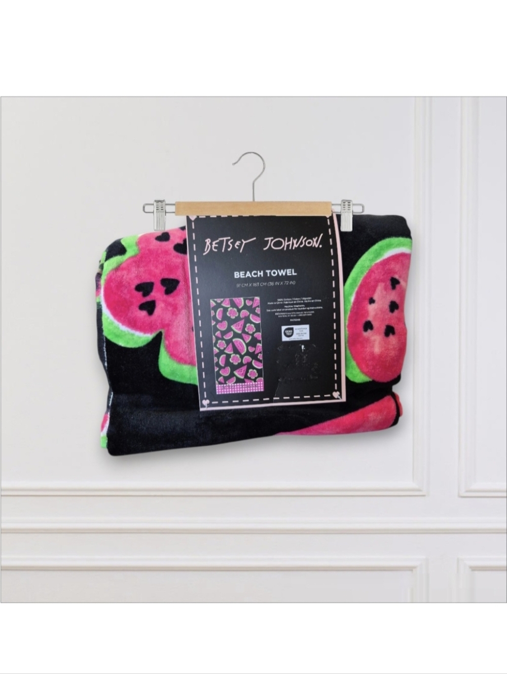 Betsey Johnson Black Beach Towel with Pink & Green Watermelon Print